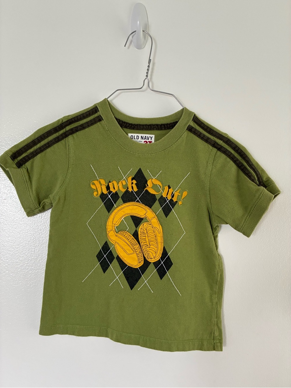 Old Navy Olive Green Tee with Yellow Headphone Graphic